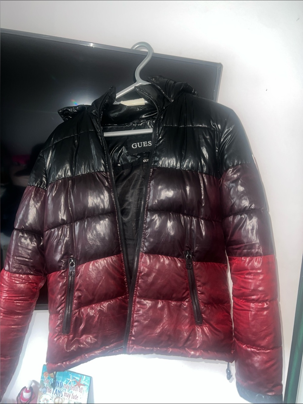 GUESS Colorblock Black, Burgundy & Red Quilted Puffer Jacket